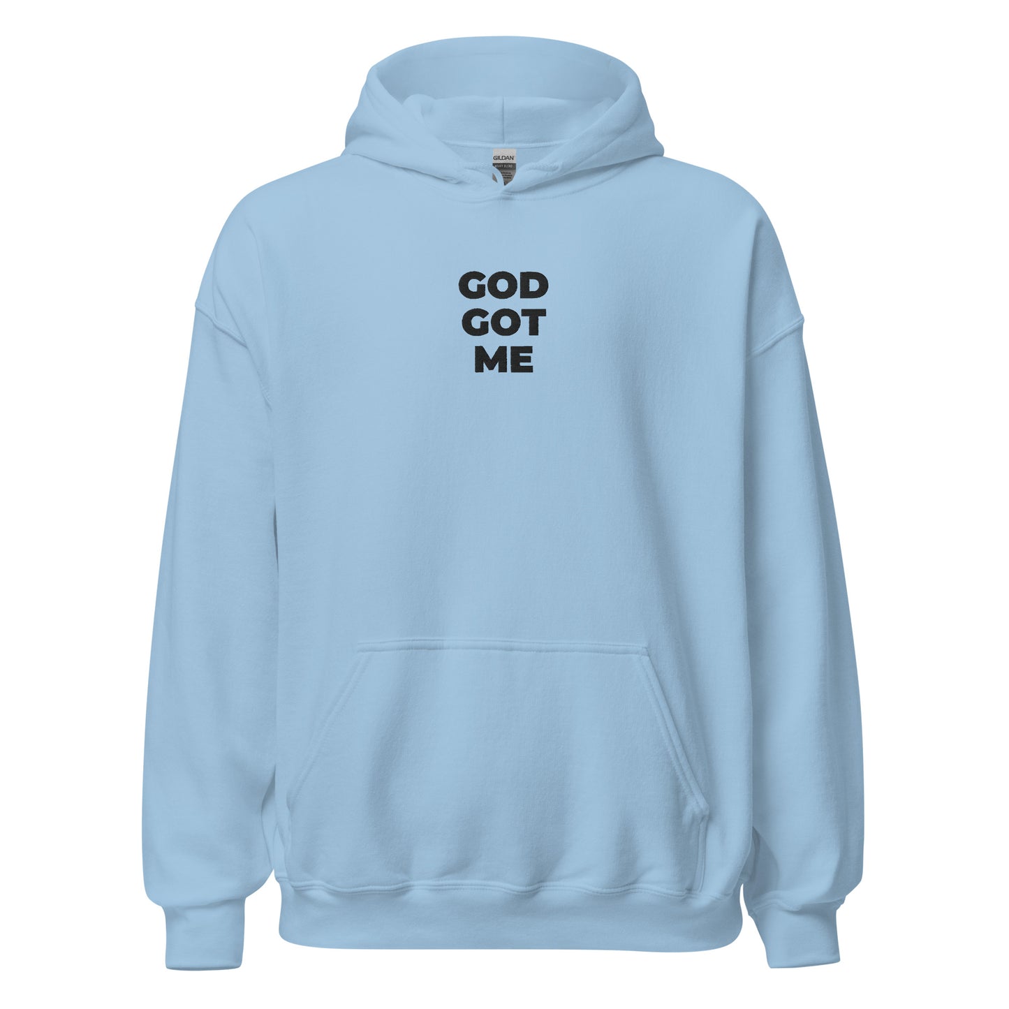 god got me hoodie light blue